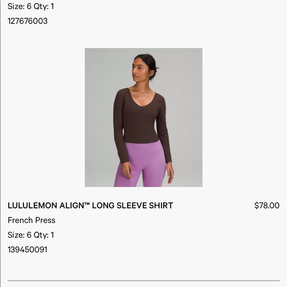 Lululemon align long sleeve French press size 6